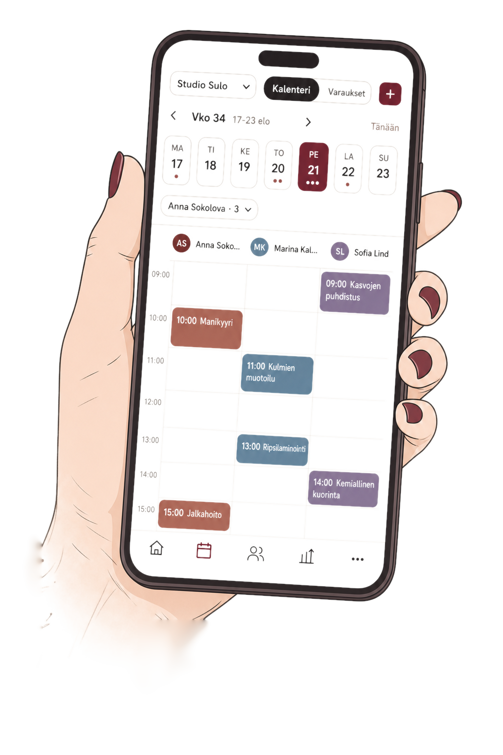 Hand holding a phone showing the Sulo calendar screen, a Friday schedule for Studio Sulo.